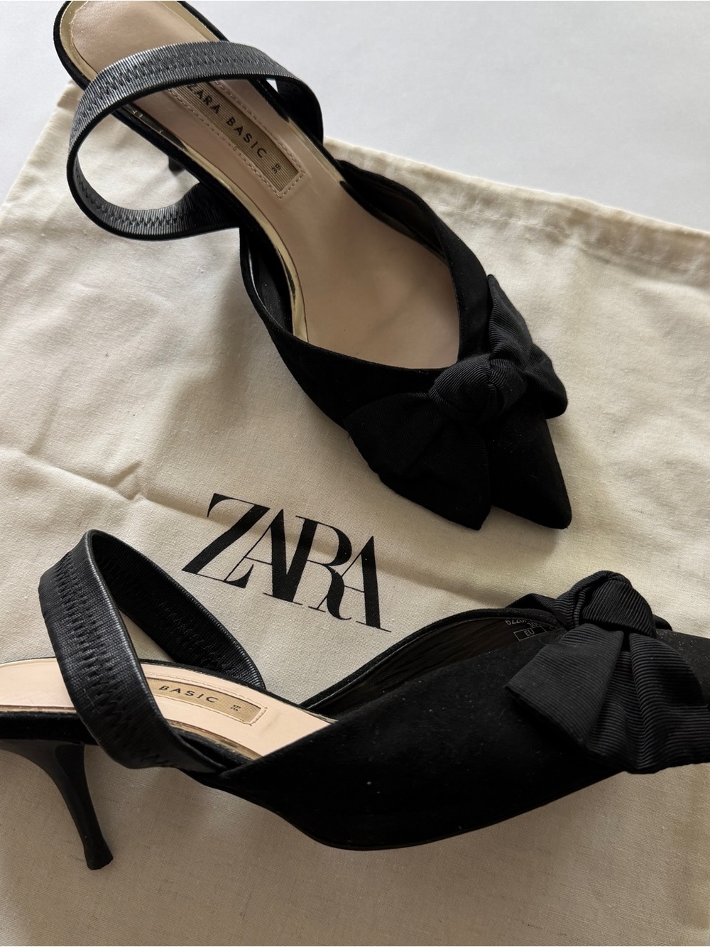 Zara Basic Black Slingback Pumps Bow Pointed Toe EU 39 US 8 - Picture 6 of 10
